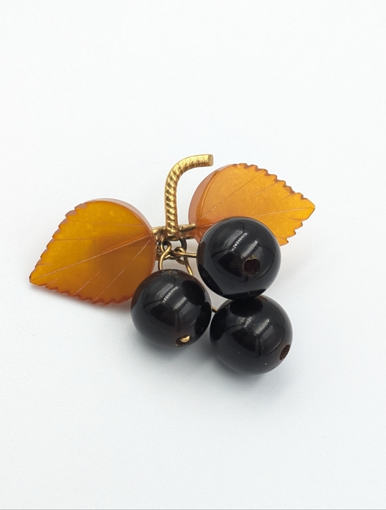 Jewelry - Vintage Baltic Amber Cherry Brooch - Gold Plated Brass Frame, USSR 1980s